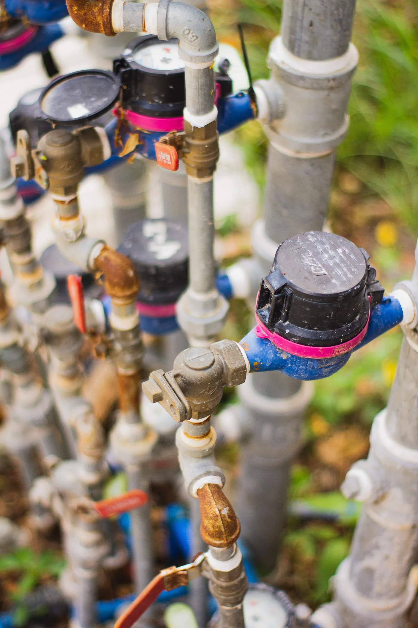 Close-up of water meters, valves, and supply pipes